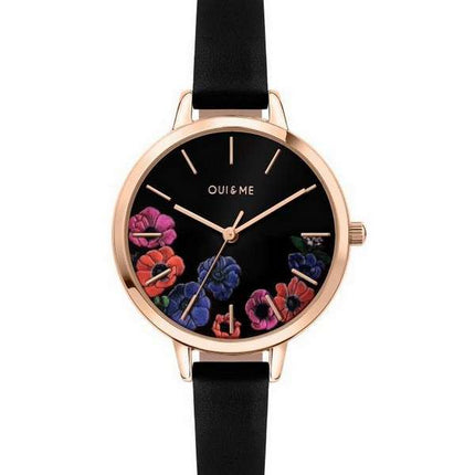 Oui &amp, Me Petite Fleurette esfera negra correa de cuero cuarzo ME010059 reloj para mujer