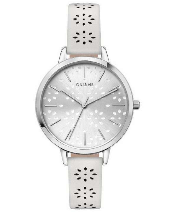 Oui &amp, Me Amourette Silver Sunray Dial Leather Strap Quartz ME010148 Reloj para mujer