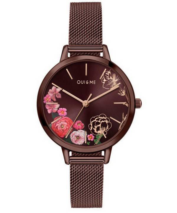 Oui &  Me Fleurette Burgundy Sunray Dial acero inoxidable cuarzo ME010159 reloj para mujer