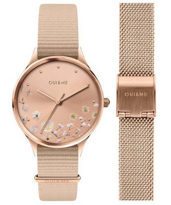 Oui &  Me Petite Bichette Rose Gold Sunray Dial Nylon Correa de cuarzo ME010174 Reloj para mujer