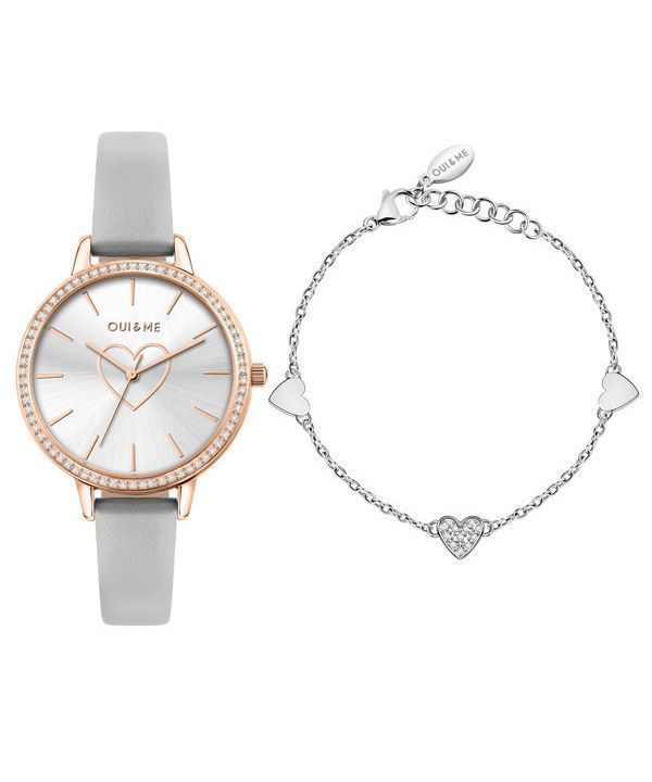 Oui &amp, Me Amourette Crystal Accents Correa de cuero Esfera plateada Cuarzo ME010289 Reloj para mujer con pulsera adicional