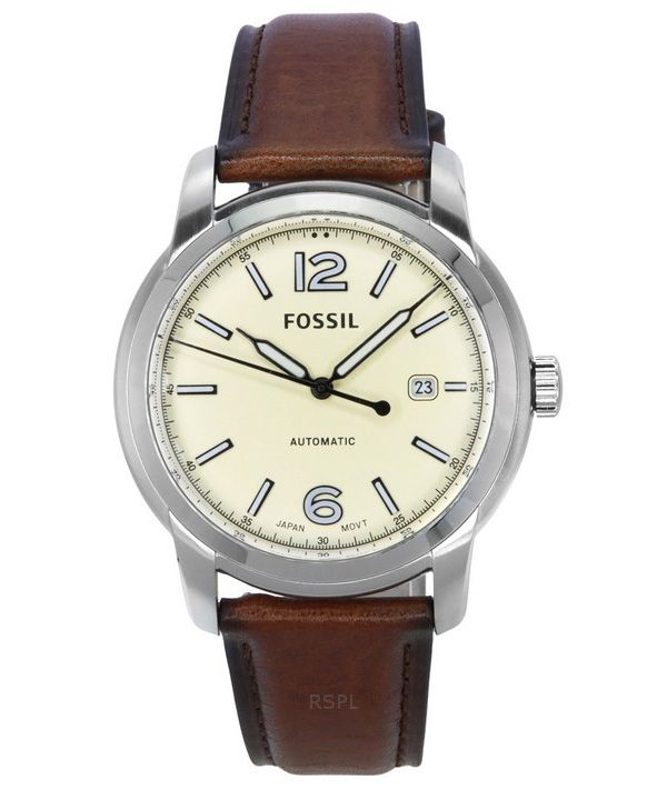 Reloj unisex Fossil Heritage Brown LiteHide con correa de cuero y esfera color crema automático ME3221