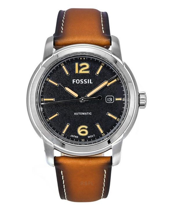 Fossil Heritage Equipaje Correa de cuero Esfera negra Reloj automático para hombre ME3233