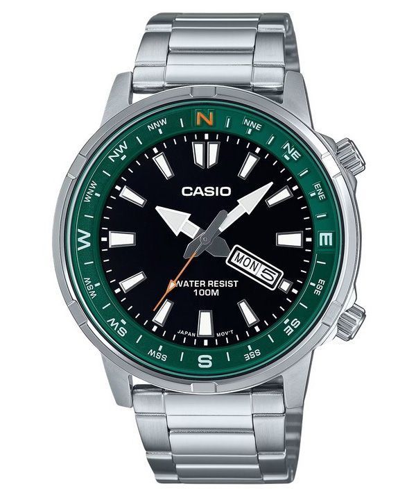 Reloj Casio estándar analógico de acero inoxidable con esfera negra y cuarzo MTD-130D-1A3V 100M para hombre