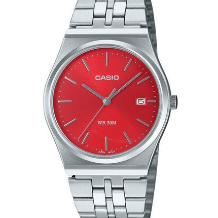 Reloj unisex Casio estándar analógico de acero inoxidable con esfera roja y cuarzo MTP-B145D-4A2V