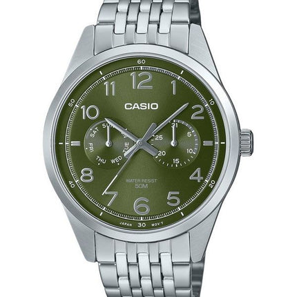 Reloj Casio estándar analógico de acero inoxidable con esfera verde y cuarzo MTP-E340D-3AV para hombre