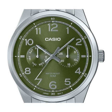 Reloj Casio estándar analógico de acero inoxidable con esfera verde y cuarzo MTP-E340D-3AV para hombre