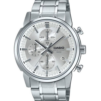 Reloj para hombre Casio Cronógrafo analógico estándar de acero inoxidable con esfera plateada y cuarzo MTP-E510D-7AV