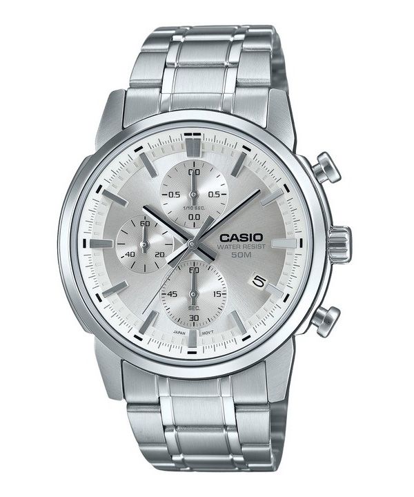 Reloj para hombre Casio Cronógrafo analógico estándar de acero inoxidable con esfera plateada y cuarzo MTP-E510D-7AV