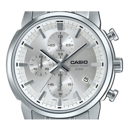 Reloj para hombre Casio Cronógrafo analógico estándar de acero inoxidable con esfera plateada y cuarzo MTP-E510D-7AV