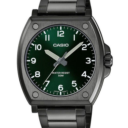 Reloj Casio analógico estándar de acero inoxidable chapado en iones negros con esfera verde y cuarzo MTP-E730B-3AV para hombre