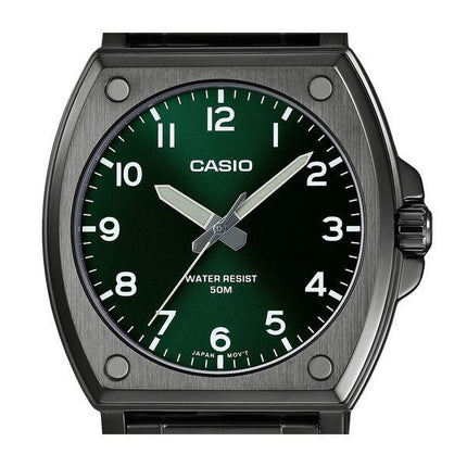 Reloj Casio analógico estándar de acero inoxidable chapado en iones negros con esfera verde y cuarzo MTP-E730B-3AV para hombre