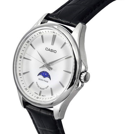 Reloj Casio analógico estándar de fase lunar con correa de cuero, esfera plateada, cuarzo, MTP-M100L-7A para hombre.