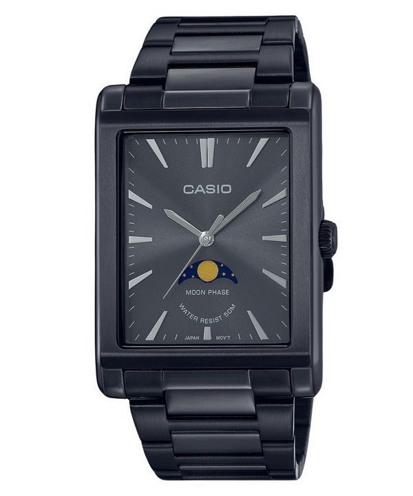 Reloj Casio estándar analógico con fase lunar de acero inoxidable y esfera negra de cuarzo MTP-M105B-1A para hombre