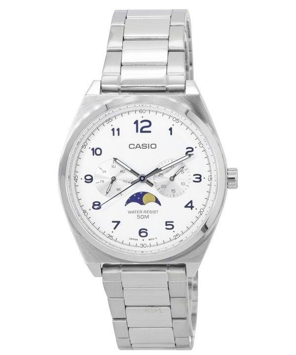 Reloj Casio analógico estándar de fase lunar con esfera blanca de cuarzo MTP-M300D-7A MTPM300D-7 para hombre