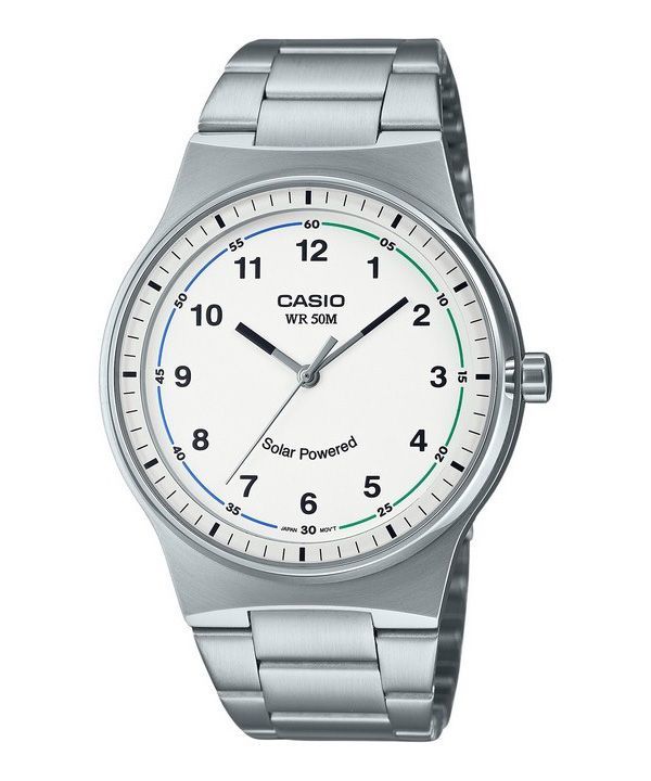 Reloj Casio estándar analógico de acero inoxidable con esfera blanca Solar MTP-RS105D-7BV para hombre