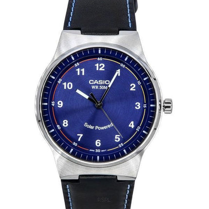 Reloj Casio analógico estándar con correa de cuero y esfera azul con energía solar MTP-RS105L-2B para hombre