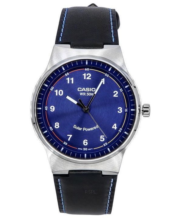 Reloj Casio analógico estándar con correa de cuero y esfera azul con energía solar MTP-RS105L-2B para hombre