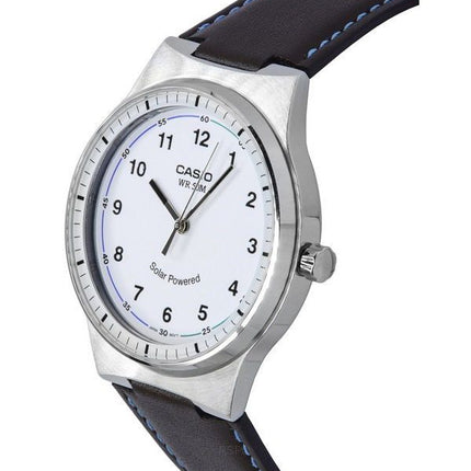 Reloj para hombre Casio con correa de cuero analógico estándar y esfera blanca con energía solar MTP-RS105L-7B