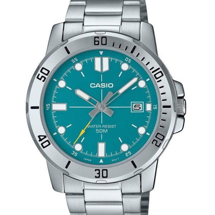 Reloj Casio estándar analógico de acero inoxidable con esfera azul turquesa y cuarzo MTP-VD01D-3E2V para hombre