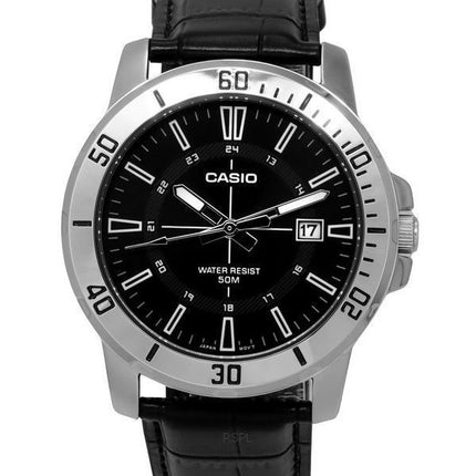 Reloj Casio estándar analógico con correa de cuero negro y esfera negra de cuarzo MTP-VD01L-1C para hombre