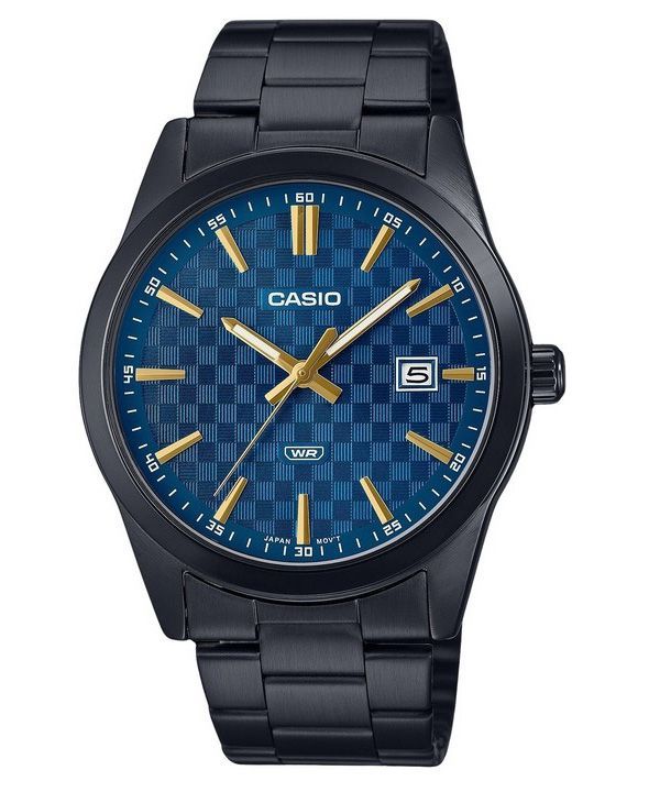 Reloj Casio analógico estándar de acero inoxidable chapado en iones negros con esfera azul y cuarzo MTP-VD03B-2A para hombre