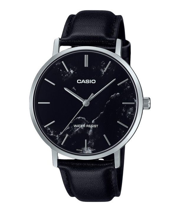 Reloj Casio Standard analógico con correa de cuero negra y esfera negra inspirada en el mármol, de cuarzo MTP-VT01LM-1A para hom