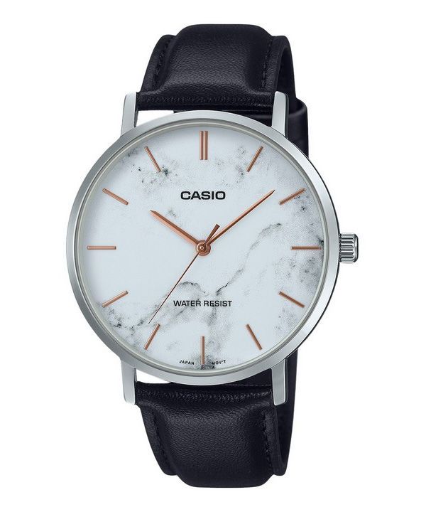 Reloj Casio Standard analógico con correa de cuero negra y esfera blanca inspirada en el mármol, cuarzo MTP-VT01LM-7A para hombr