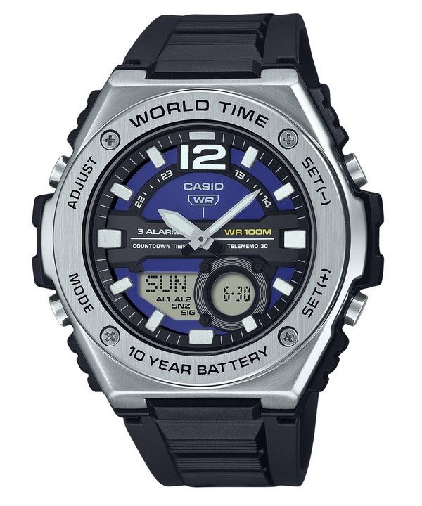 Reloj Casio estándar analógico digital con correa de resina y esfera azul de cuarzo MWQ-100-2AV 100M para hombre