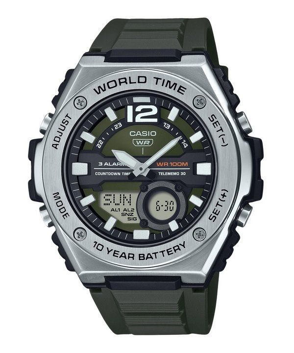 Reloj Casio estándar analógico digital con correa de resina y esfera verde de cuarzo MWQ-100-3AV 100M para hombre