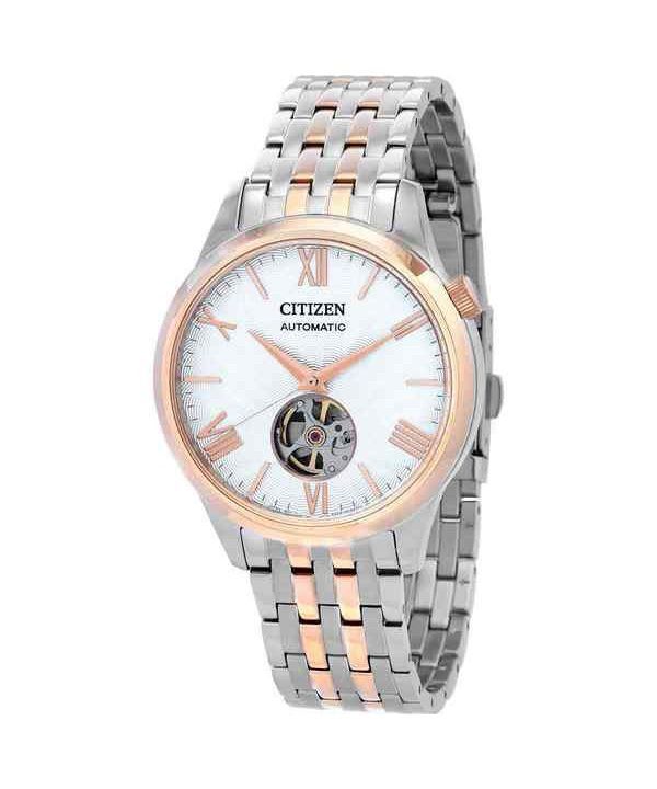 Reloj para hombre Citizen de dos tonos de acero inoxidable con corazón abierto y esfera blanca automático NH9136-88A