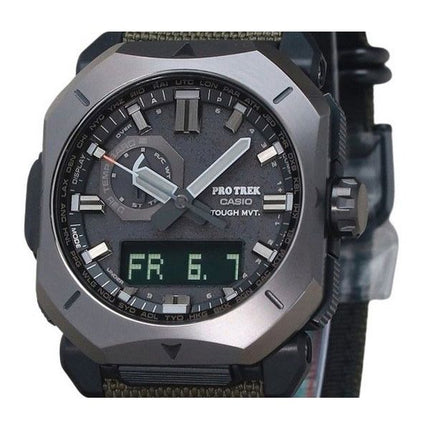 Reloj para hombre Casio ProTrek analógico digital con correa de tela de cordura verde y esfera gris Tough Solar PRW-6900YB-3 100