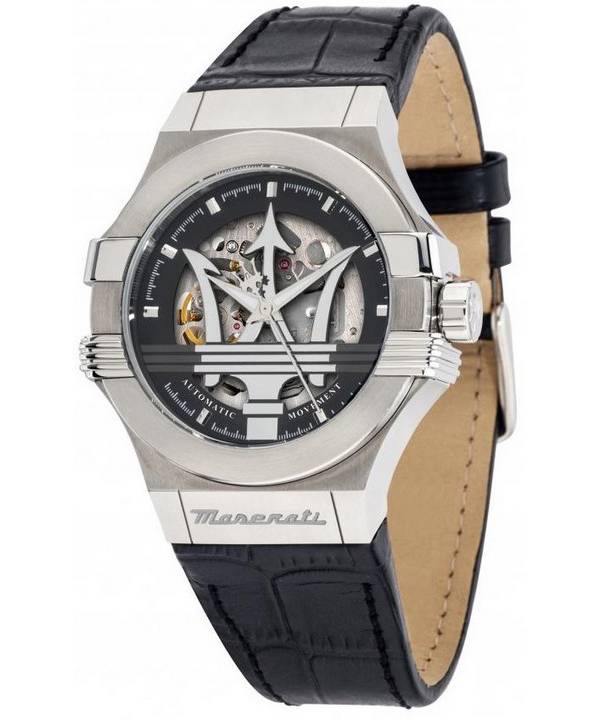 Maserati Potenza Leather Strap Skeleton Black Dial Automatic R8821108038 100M Men's Watch