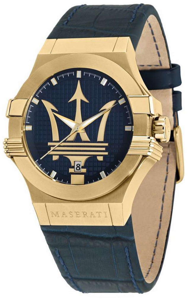 Maserati Potenza esfera azul correa de cuero cuarzo R8851108035 100M reloj para hombre