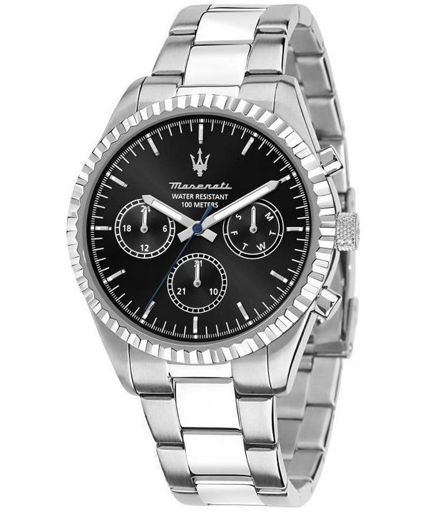 Reloj Maserati Competizione de acero inoxidable con esfera multifunción negra y cuarzo R8853100023 100M para hombre