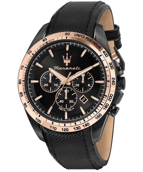 Maserati Traguardo Cronógrafo Correa de cuero Esfera negra Cuarzo R8871612036 100M Reloj para hombre