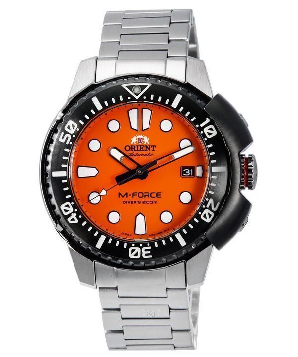 Orient M-Force AC0L Deportes Acero inoxidable Naranja Dial Automático Diver's RA-AC0L08Y00B 200M Reloj para hombre