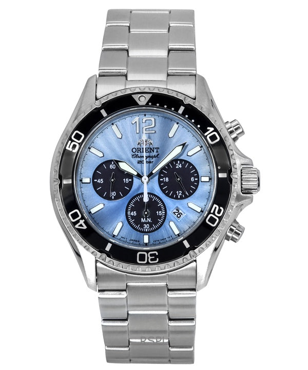 Reloj de buceo Orient Sports Cronógrafo de acero inoxidable con esfera azul cielo de cuarzo RA-TX0206L 200M para hombre