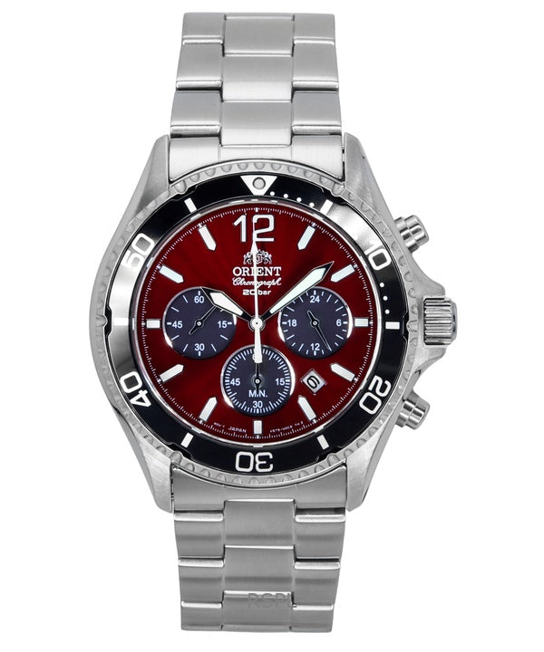 Reloj deportivo Orient con cronógrafo de acero inoxidable y esfera de color rojo cielo, de cuarzo, para buceo, RA-TX0207R, 200 m