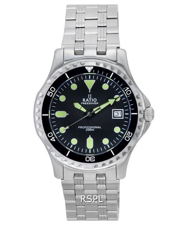 Ratio FreeDiver Professional Zafiro Esfera negra Cuarzo RTF005 200M Reloj para hombre