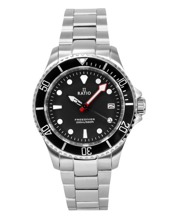 Reloj Ratio FreeDiver Zafiro Acero inoxidable Esfera negra Cuarzo RTF031 200M para hombre