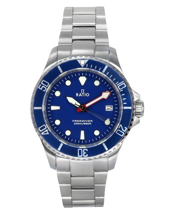 Ratio FreeDiver Zafiro Acero inoxidable Esfera azul Cuarzo RTF033 200M Reloj para hombre