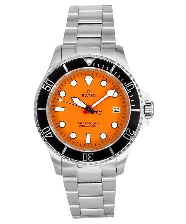 Reloj Ratio FreeDiver Zafiro Acero inoxidable Esfera naranja Cuarzo RTF035 200M para hombre