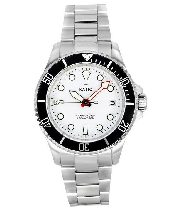 Reloj Ratio FreeDiver Zafiro Acero inoxidable Esfera blanca Cuarzo RTF037 200M para hombre