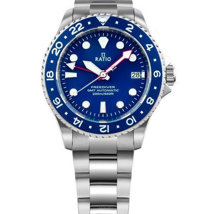 Ratio FreeDiver GMT Series Zafiro Acero inoxidable Esfera azul Automático RTF053 200M Reloj para hombre