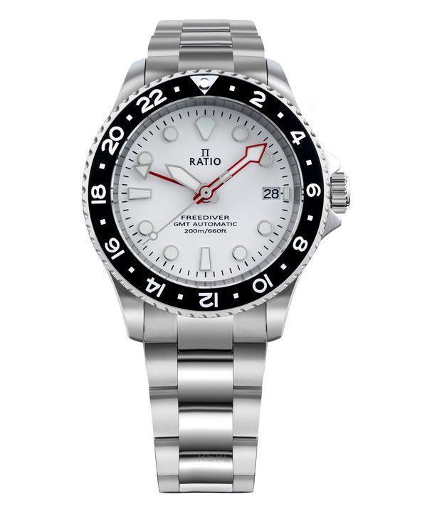 Ratio FreeDiver GMT Series Zafiro Acero inoxidable Esfera blanca Automático RTF057 200M Reloj para hombre