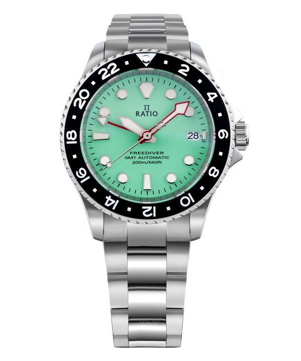 Ratio FreeDiver GMT Series Zafiro Acero inoxidable Esfera verde Automático RTF059 200M Reloj para hombre