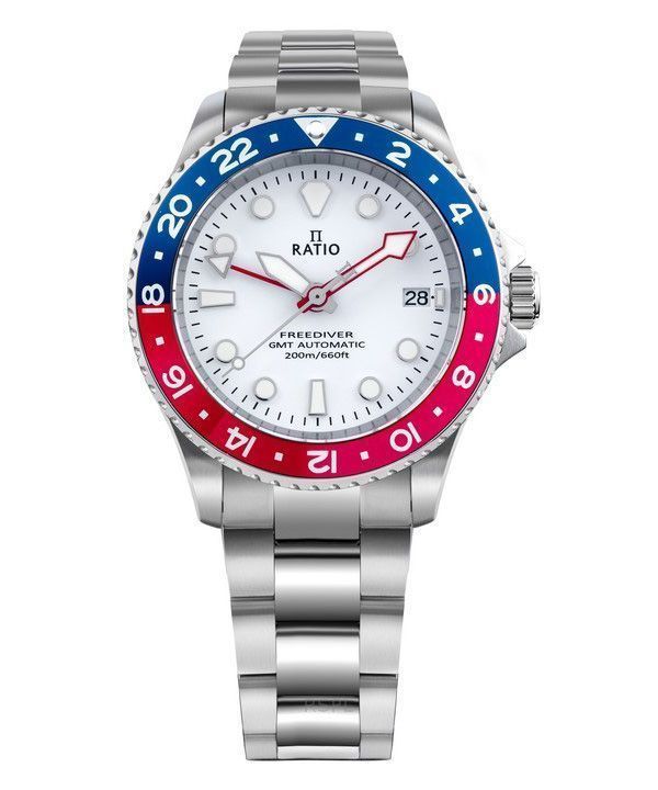 Ratio FreeDiver Serie GMT Zafiro Acero inoxidable Esfera blanca Azul Rojo Pepsi Bisel Automático RTF061 200M Reloj para hombre