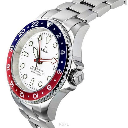 Ratio FreeDiver Serie GMT Zafiro Acero inoxidable Esfera blanca Azul Rojo Pepsi Bisel Automático RTF061 200M Reloj para hombre