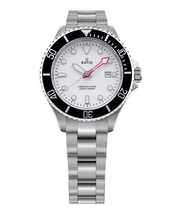 Reloj de cuarzo Ratio FreeDiver con esfera blanca, acero inoxidable y zafiro RTFL802 200M para mujer